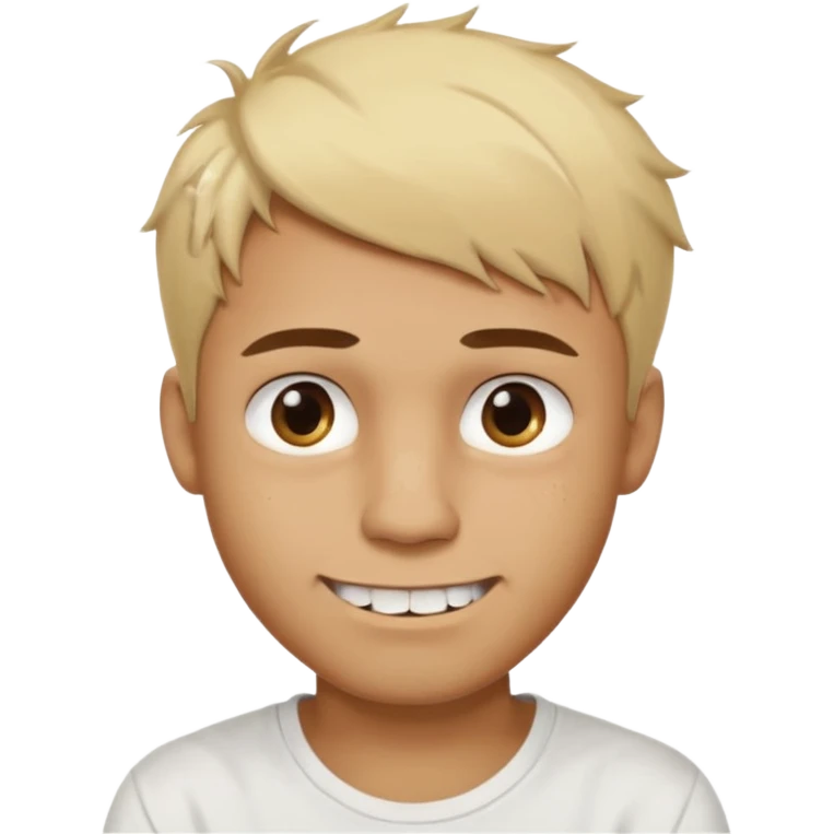 Male with short, messy blonde hair, large expressive golden-brown eyes, brown skin, scar over nose, crooked smile showing slightly damaged teeth, wearing a plain white t-shirt. emoji
