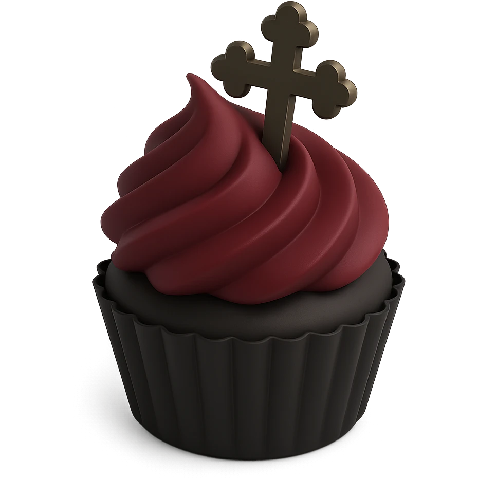 Gothic cupcake in 3D black style with burgundy color, no background. emoji