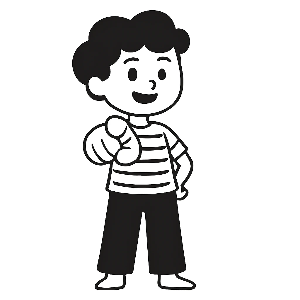 Edit the image of the boy in the doodle style to have him pointing toward the viewer, keeping the same character details and doodle style as the original. emoji
