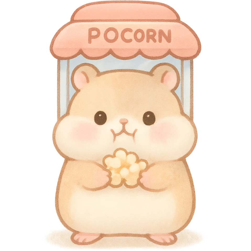 kawaii popcorn machine soft fluffy hamster with puffed cheeks, holding popcorn, soft pastel colors, full-body emoji