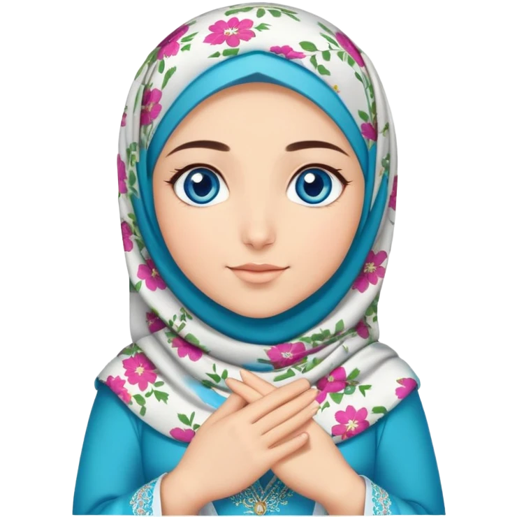 Turkish beautiful finish Konya girl blue eyes with floral hijab dress islamic dress and had on her hand text Eid Mubarak  emoji