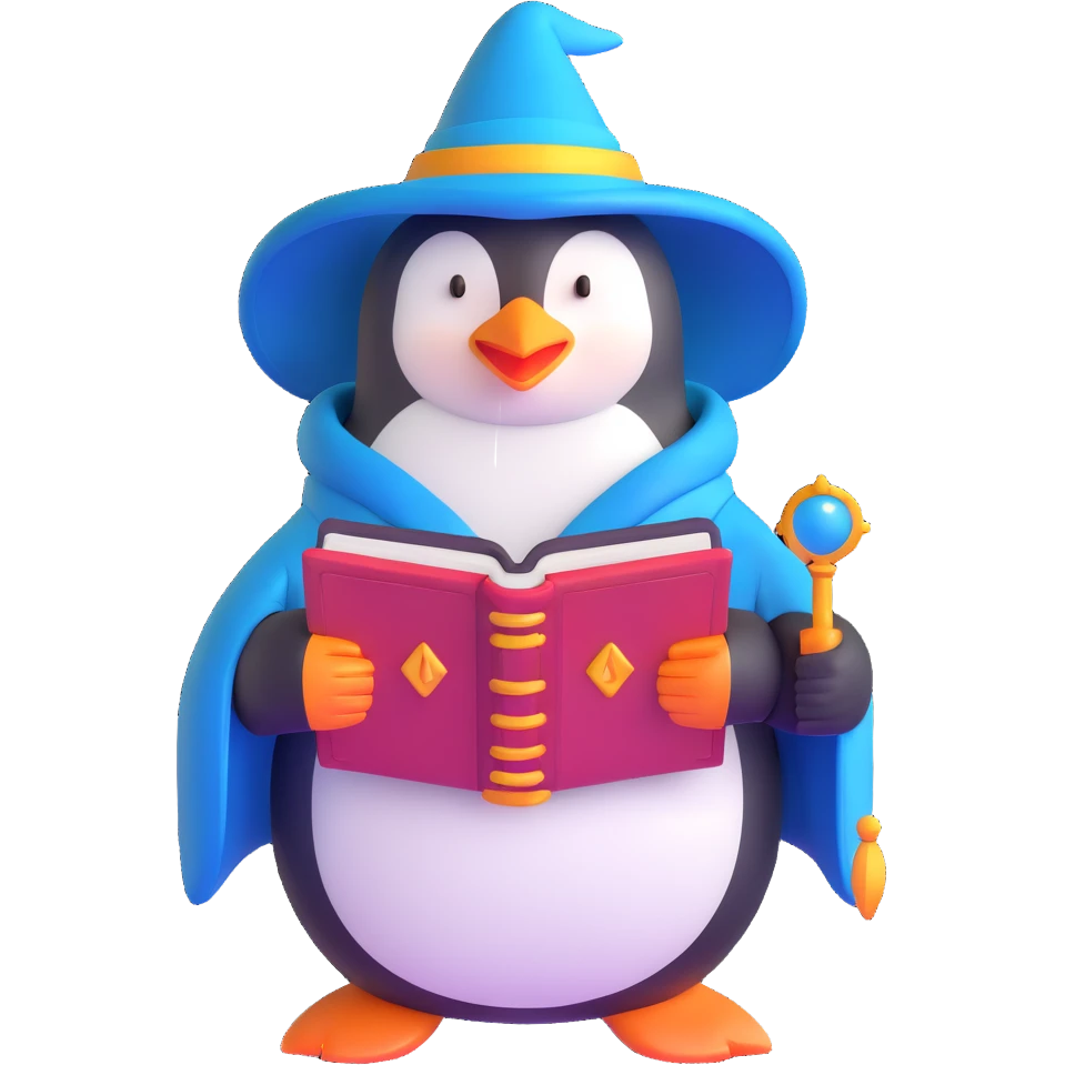penguin wizard holding an open spellbook emoji