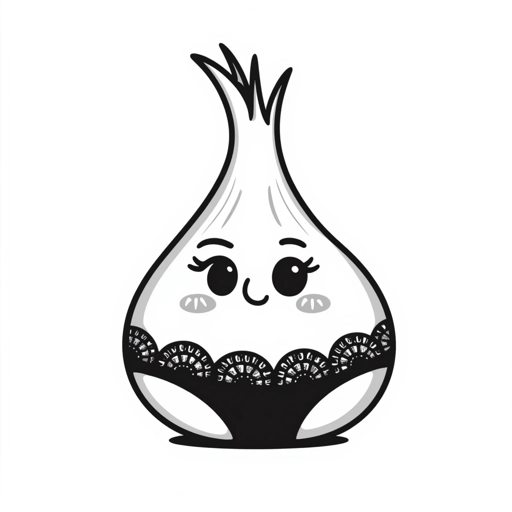 doodle style drawing of a garlic bulb with feminine features and lacy panties, hand-drawn look emoji