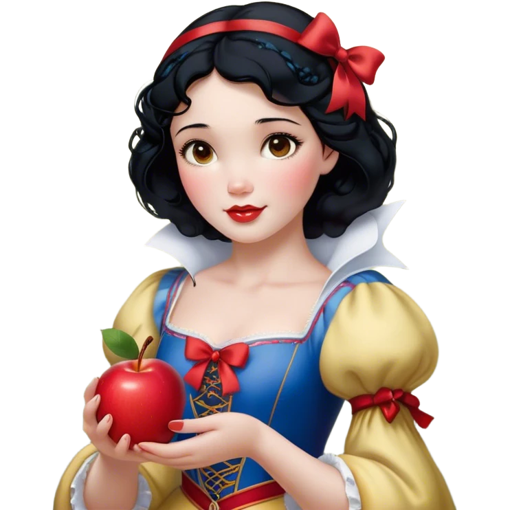 Cinematic Realistic Snow White Portrait, depicted with lifelike skin texture, soft natural lighting, and intricately detailed black hair styled with a red ribbon. Her soft brown eyes radiate innocence and kindness, complemented by a warm, gentle smile. She holds an apple in one hand, her other hand resting against her cheek, embodying her purity and charm. She is dressed in her classic yellow, blue, and red gown, the fabric rich in texture with delicate folds that catch the light beautifully. The portrait features a soft, natural glow with a radiant finish, capturing the essence of timeless beauty in a realistic and painterly style. emoji
