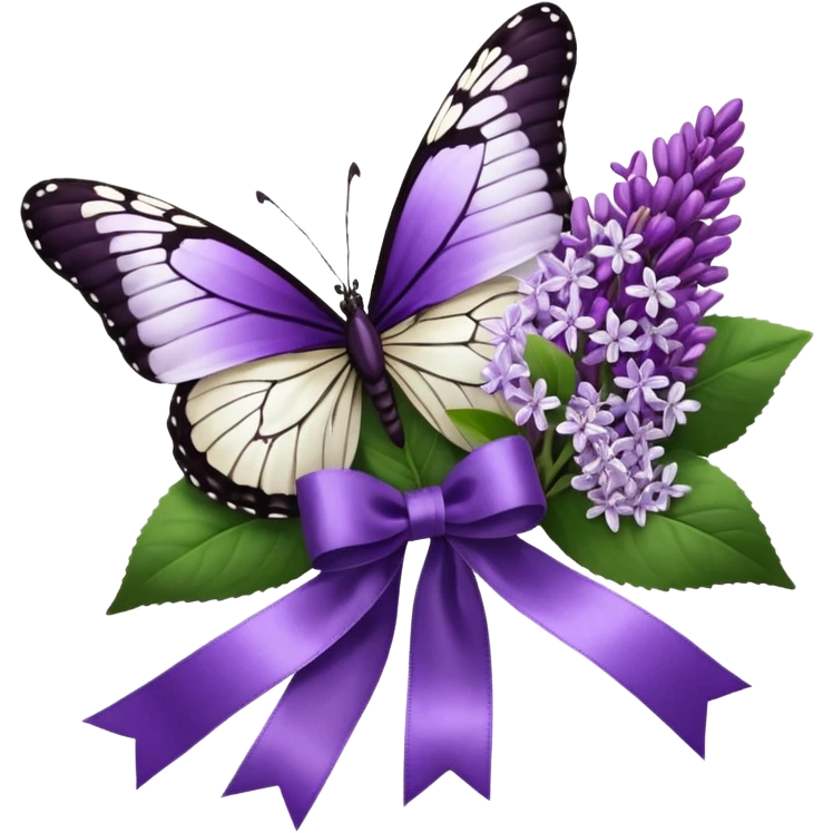 Hyperrealistic, mirco-detailed, vivid and bright purples mixed with white, bouquet of lush lilacs, with a deep dark silk ribbon and small metallic butterfly embellishment attached, flat layout across from top right to bottom left, still life, isolated render emoji