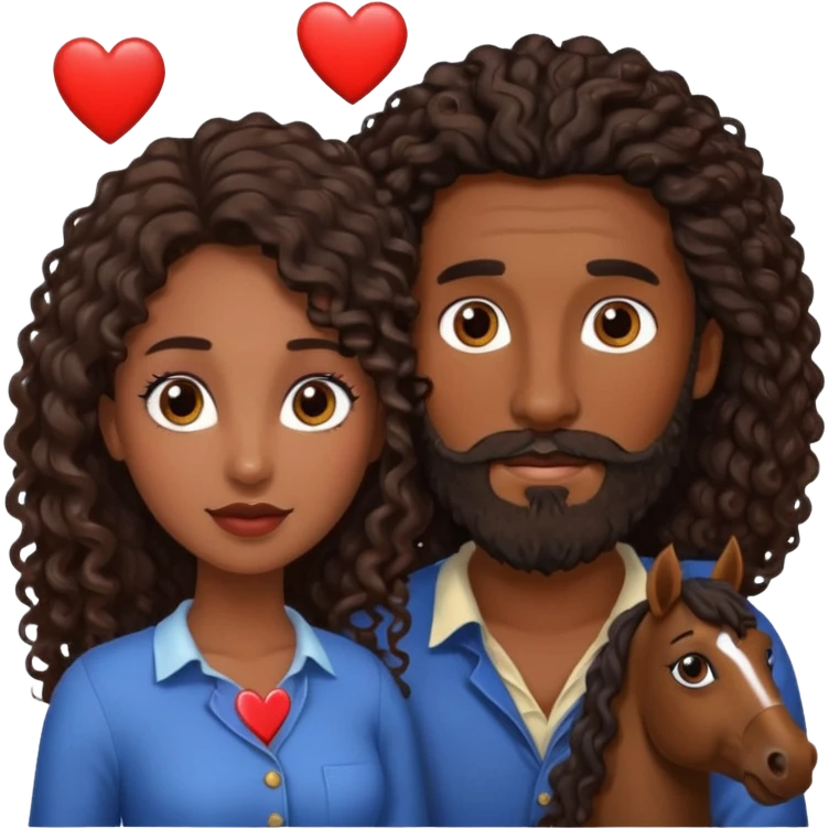 pareja de Mujer morena rizada cabello largo castaño ojos oscuros y hombre piel blanca con caballo oscuro con barba y ojos marron alrededor de la pareja corazones emoji