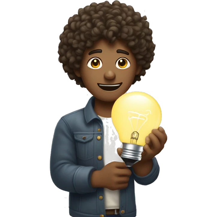 curly-haired guy holds a light bulb in his hands emoji