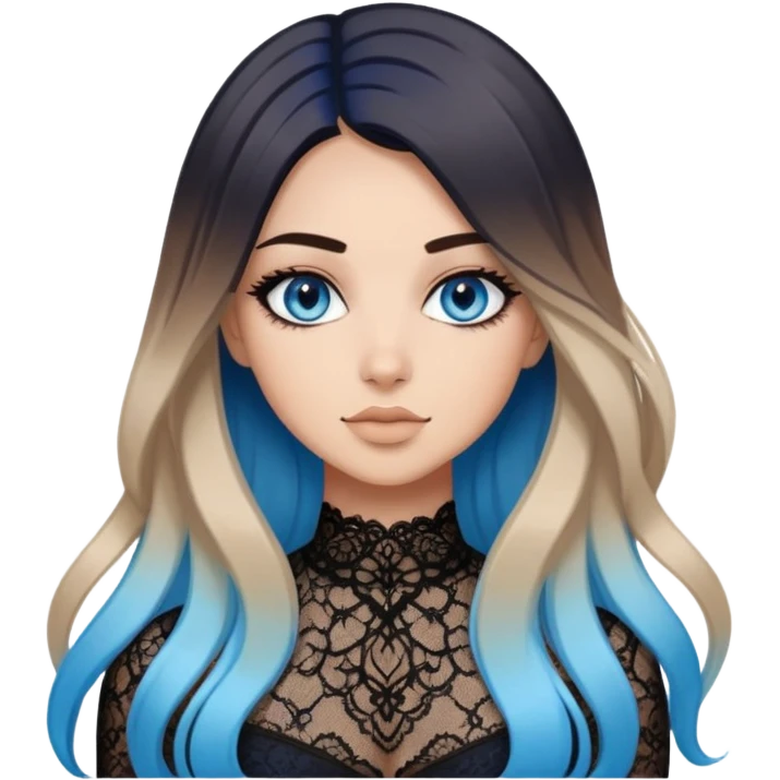 Beautiful Buxom-pawg-laying-posing-bending-sfw-deep blue eyes-straight long brunette to sky blue ombre hair-big juicy booty, wearing black lace, sfw emoji