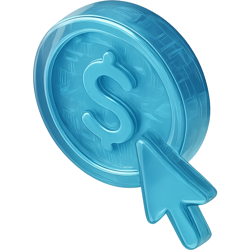 Icon of a coin with a mouse cursor clicking on it, modern and sleek, cyan blue emoji