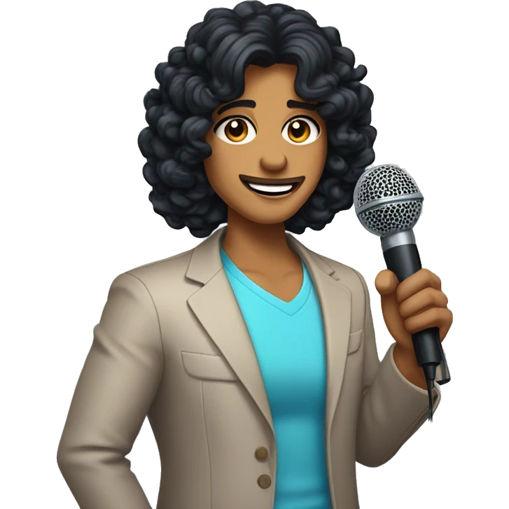A game show host with shoulder-length curly black hair and tanned skin holding a microphone emoji