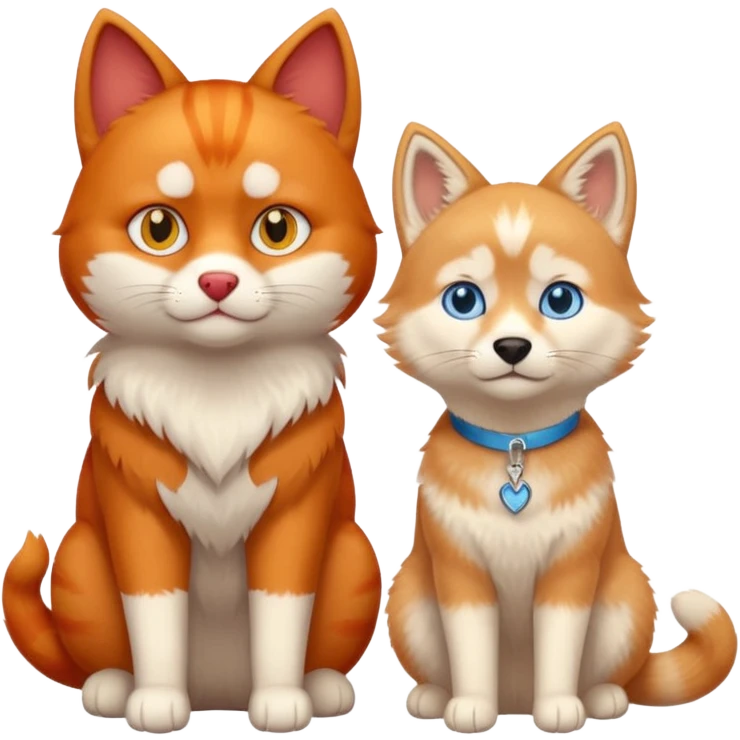 red cat with yellow eyes sit next to beige husky with blue eyes  emoji