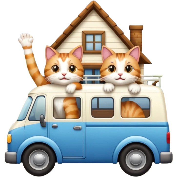 two cats in a moving van waving goodbye to their old house emoji