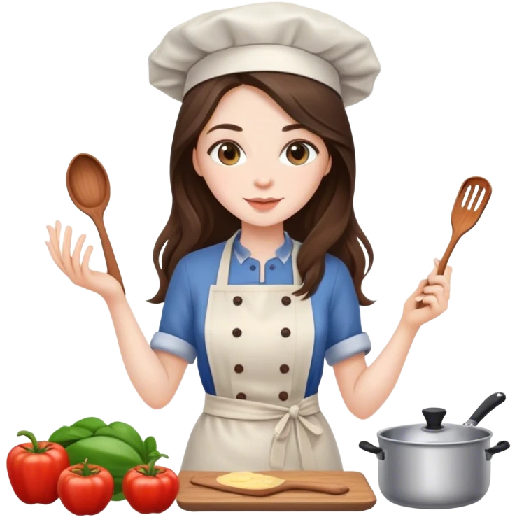 beautiful pale brunette girl with long hair cooking emoji