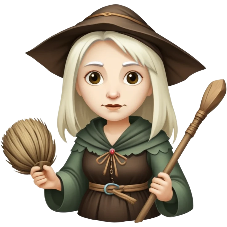 Baba Yaga sorceress woman holding a broom, old and wise emoji