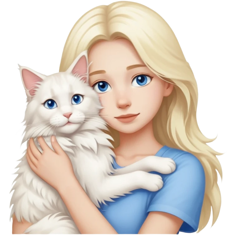 blonde girl blue eyes hugging a white Maine Coon A Chinese fashion girl with brown hair, wearing a light gray fur coat, hugging a Shiba Inu and a long-haired white Persian cat. emoji