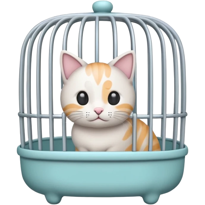 A cute emoji-style cat cage — rounded, cartoon look, clean outline, pastel colors. Vertical metal bars in front, small handle on top, and soft edges. Simple, minimal details, high contrast, with no cat inside emoji