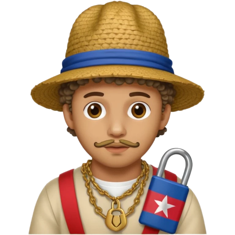 An emoji of Bad Bunny, the superstar from Puerto Rico. The singer. His hair is curly. He has a padlock beard. An an traditional boricua hat.  emoji