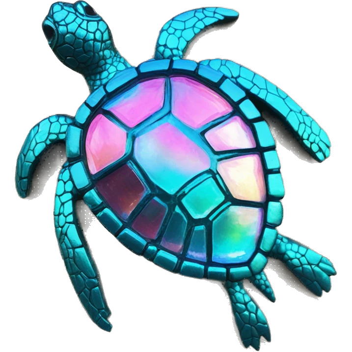 Sparkling cyan pink Turtle made from kaleidoscopic crystalline rainbow oilslick cyan glass, stained glass art emoji