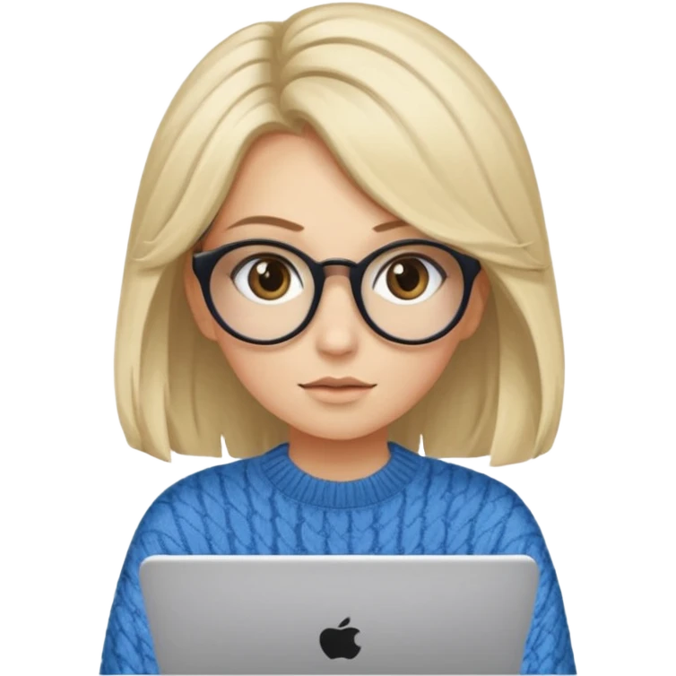 ragazza bionda con capelli molto lunghi, con occhiali tartarugati, occhi azzurri, con maglione beige, seduti alla scrivania che lavora al pc emoji