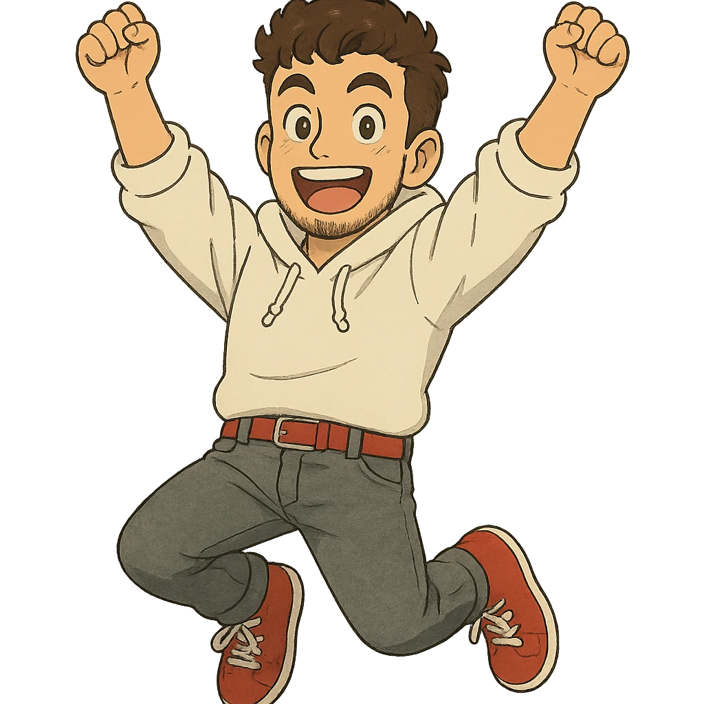 1 male, mid fade haircut dark chestnut brown curly hair, toasted lightskin, white hoodie sleeves up, gray fashion jeans, red fashion-sneakers shoes, red belt, short trimmed beard and goatee,  style of deku from "my hero academia",  doing a pose for a "happy" emote for twitch emoji