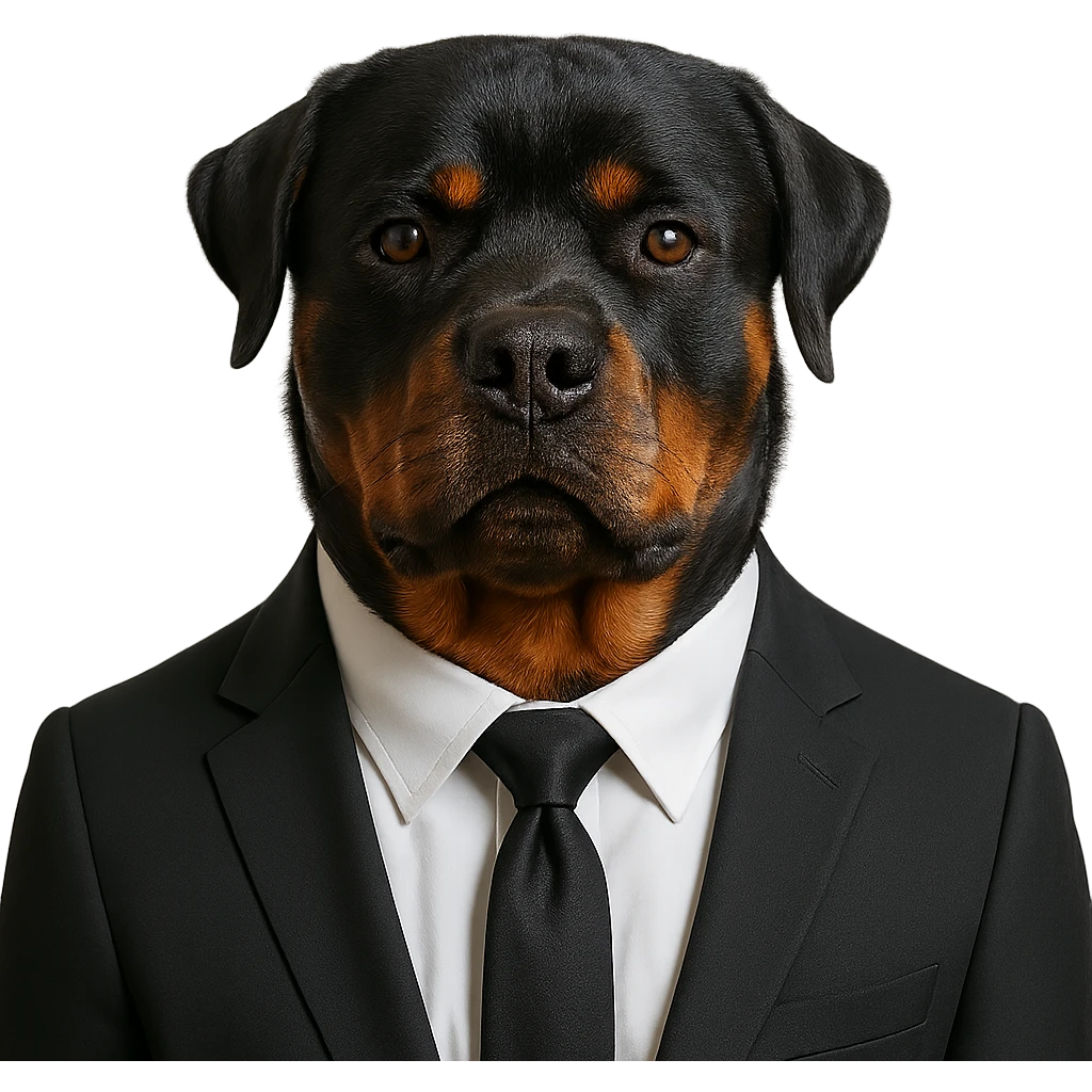 Rottweiler wearing a formal suit and tie, looking sharp emoji