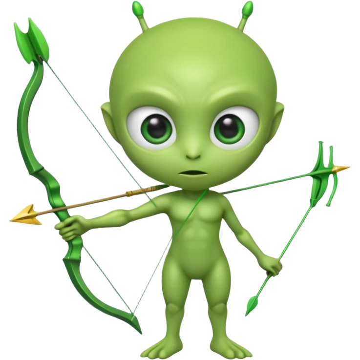 3D emoji-style green alien holding a bow and arrow, glossy texture, smooth skin, large expressive eyes, small humanoid body, minimalist background, soft lighting, Pixar-style rendering, high detail, cute but slightly serious expression, clean centered composition. emoji