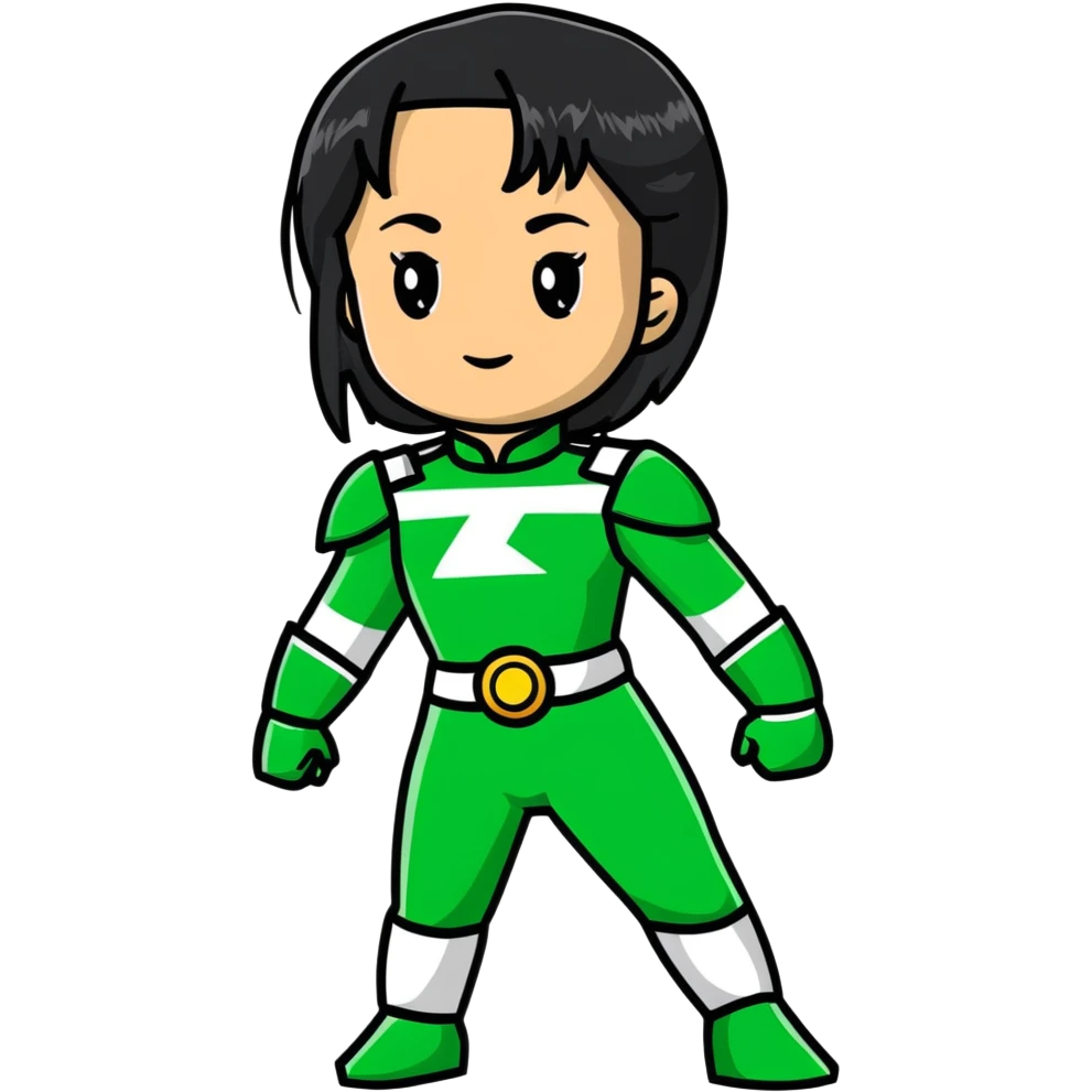 wasian girl in a green Power Ranger suit, black straight hair, black eyes emoji