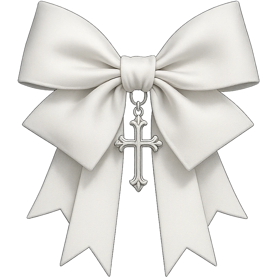 Edit the image to depict a white gothic bow with layered ribbons and a cross pendant, in a general style. Remove the background. emoji