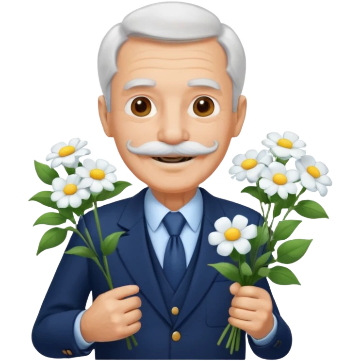 homme âgé en costume bleu foncé souriant avec moustache portant un bouquet fleurs blanche  emoji