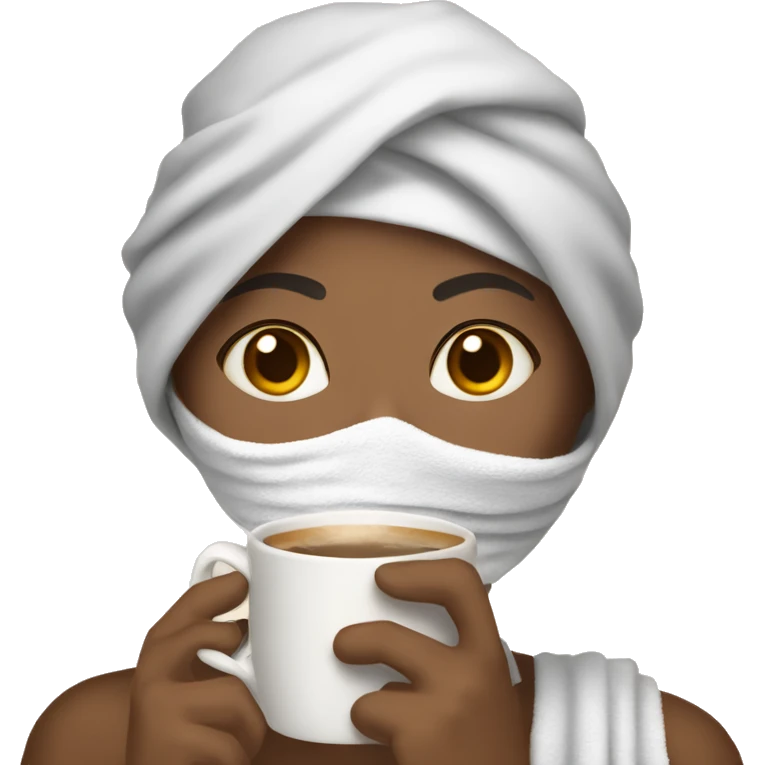 Girl with a towel on her head, a mask on her face and a cup of coffee in her hand emoji