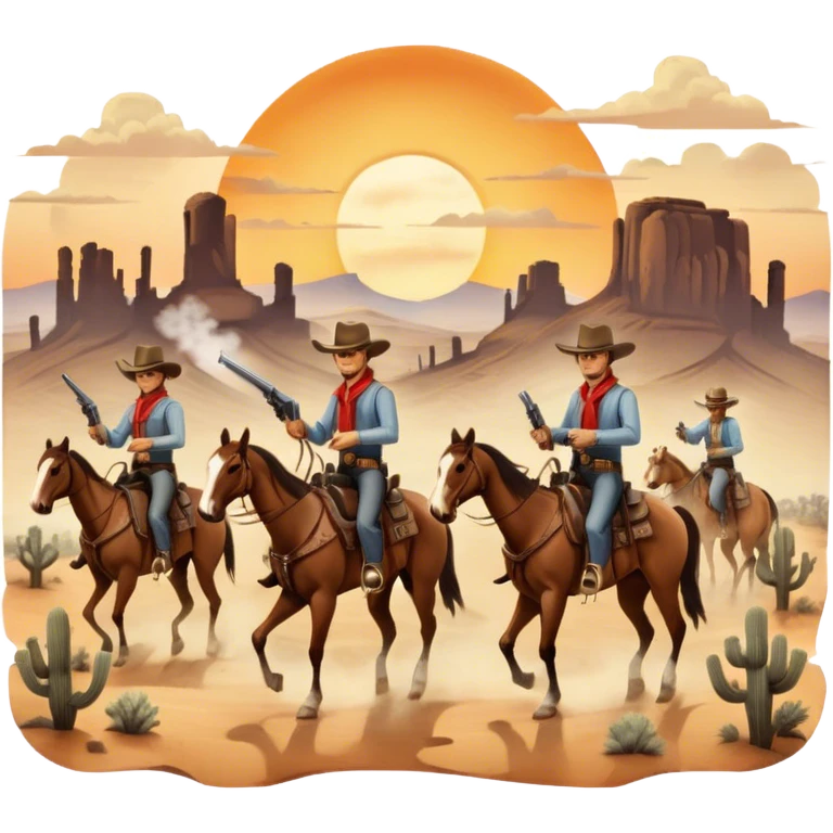 Icon for Western: A vintage movie poster-style design with cowboys on horseback, dusty desert landscape, and a setting sun. Include cowboy hats, revolvers, and an old saloon. The design should have bold typography and a retro cinematic feel. Transparent background. emoji