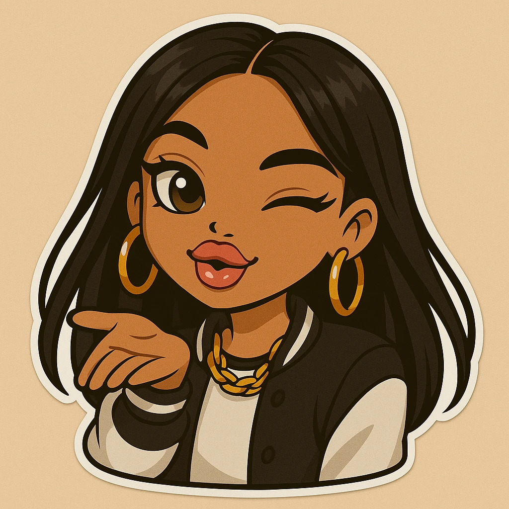 Make the anime Bratz style woman in the headshot a little darker in skin tone to match the others. Keep her winking and blowing a kiss. She is about 20 years old with dark hair, wearing trendy streetwear. She has big expressive eyes, glossy lips, and a happy expression. No hat and no tears. Style is chibi stickers anime style. emoji