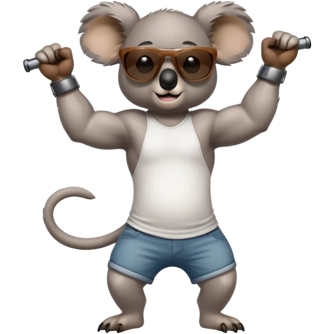 anthropomorphised koala, full body, casual clothing, dark sunglasses, flexing muscles emoji
