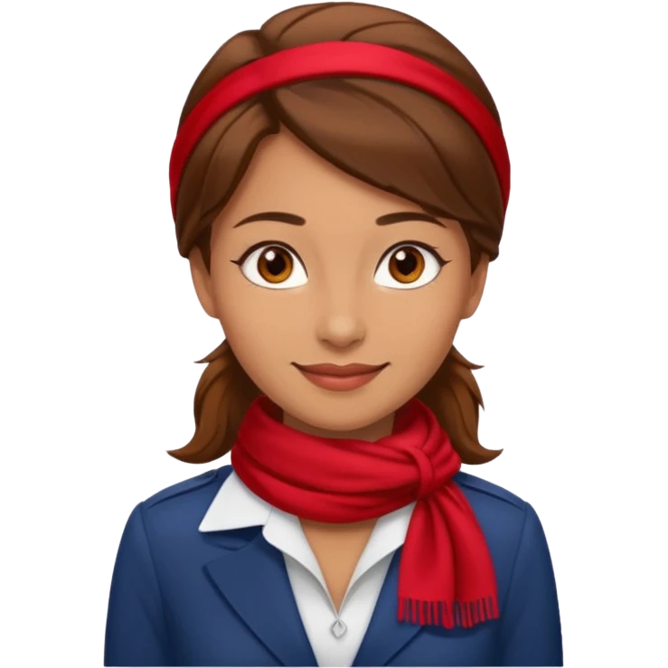 Female flight attendant, with red scarf, white shirt, brown hair, brown eyes, iOS emoji-type face emoji