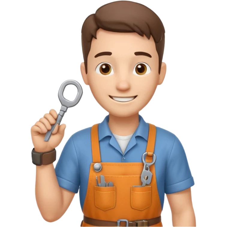 locksmith portrait, head and shoulders only, wearing work apron collar, holding a key near face, friendly confident smile, tool belt strap visible, 3D cartoon, mobile game icon style, clean background, no text, no watermark

 emoji