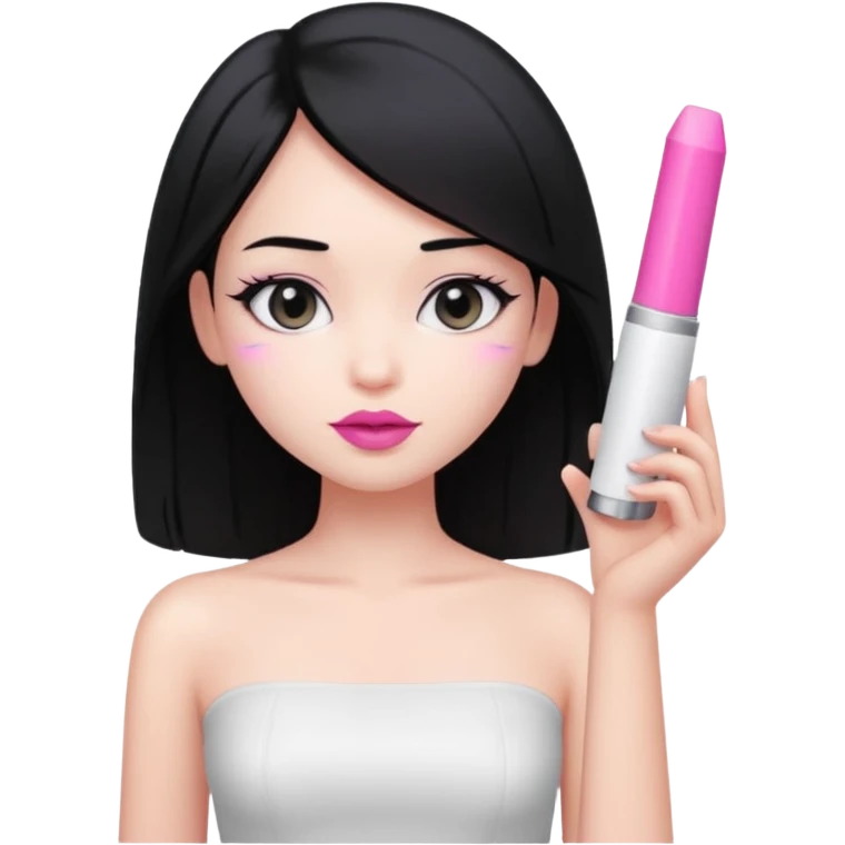girl with waist-length black straight hair, pink lipstick, soft aura, white tube top emoji