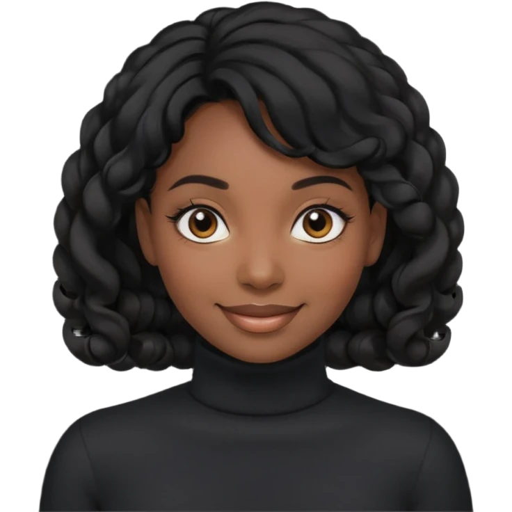 Create a custom emoji-style character inspired by a smiling black woman with curled black hair, dark skin tone, dark eyes, and wearing a turtleneck.  emoji