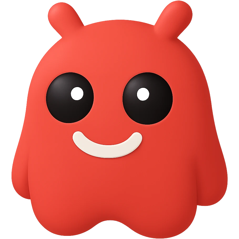 Make the red mascot smile, keep black eyes with white pupils, no background, transparent background, style similar to a red mascot with black eyes and white pupils, no background emoji
