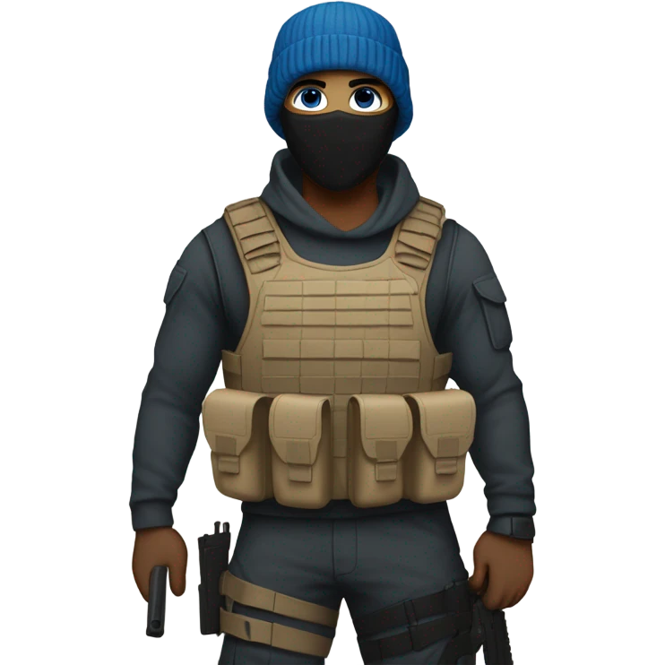 White male, face mask, tan tactical gear, combat boots, gun, black beanie, blue eyes emoji