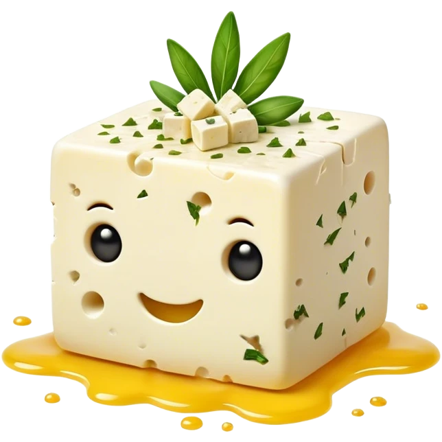 Cinematic Realistic Feta Cheese Dish Emoji, depicted as a block of crumbly, tangy cheese garnished with olive oil and herbs rendered with lifelike detail and soft natural lighting. emoji