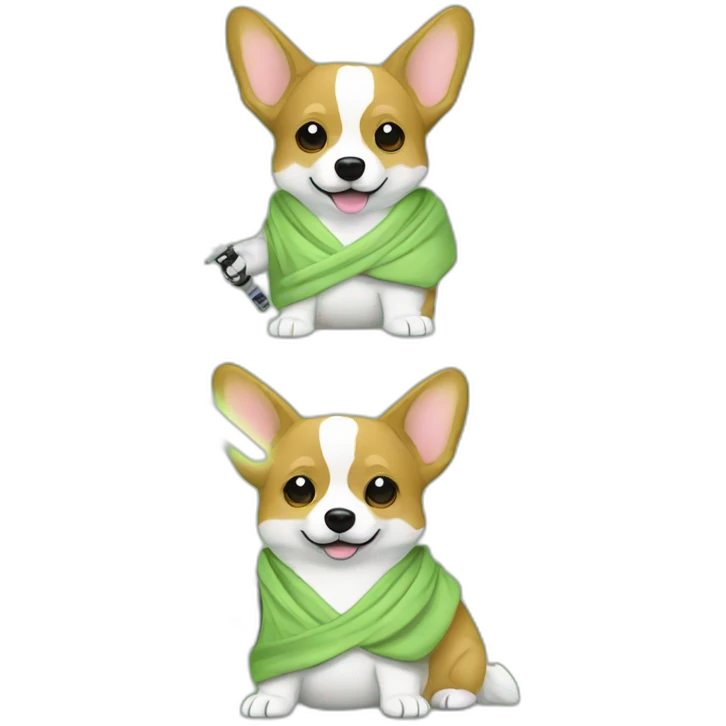 Corgi dress as yoda with one light saber green emoji