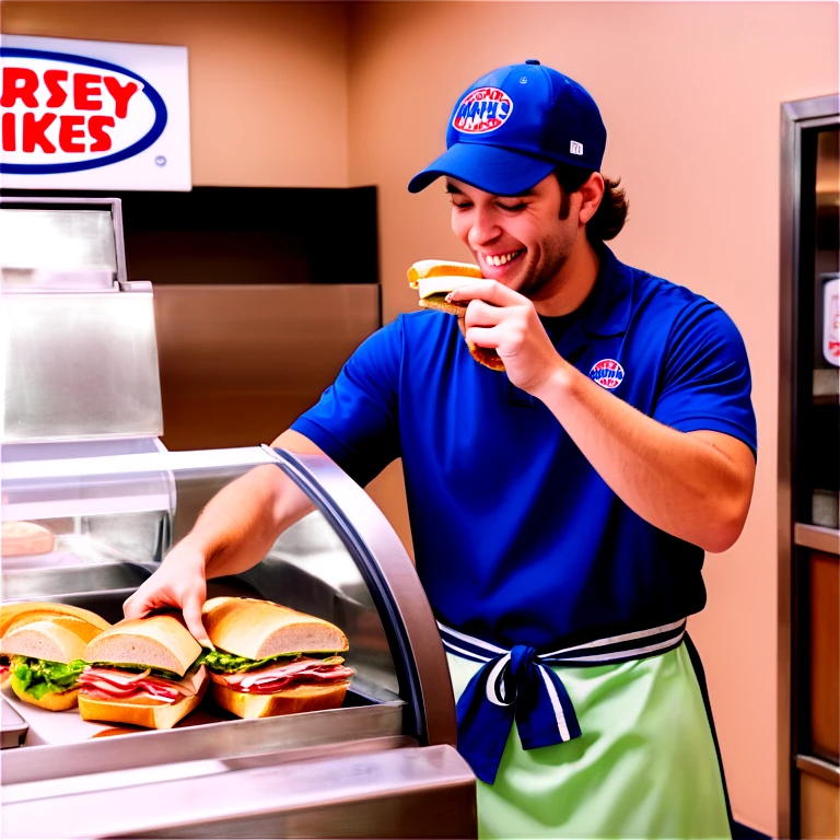 Employee at jersey mikes making a sandwich for the customer behind the counter  emoji