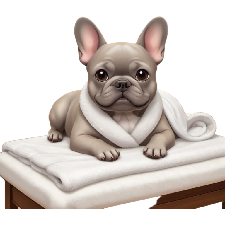 A gray French Bulldog lying relaxed on a professional massage table in a cozy spa room. Soft warm lighting, clean interior, gentle towels, peaceful atmosphere, detailed high-quality render, cute facial expression, realistic fur texture. emoji
