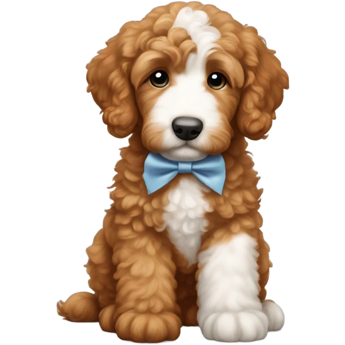 Red goldendoodle puppy white patch on head & bow on head emoji