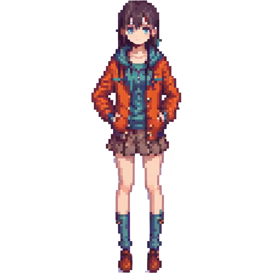 stylish anime girl, pixel art style, fashionable outfit, confident stance emoji