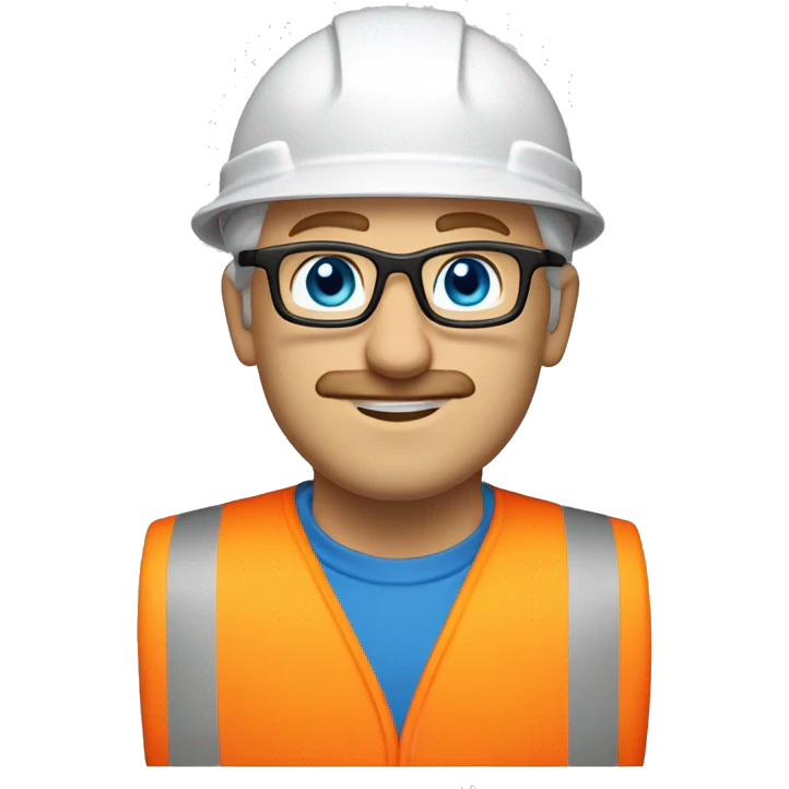 blonde man, thin face, no beard but with mustache, blue/green eyes, glasses, wearing white hard hat that says ”gmc” in orange letters, orange safety vest, blue shirt emoji