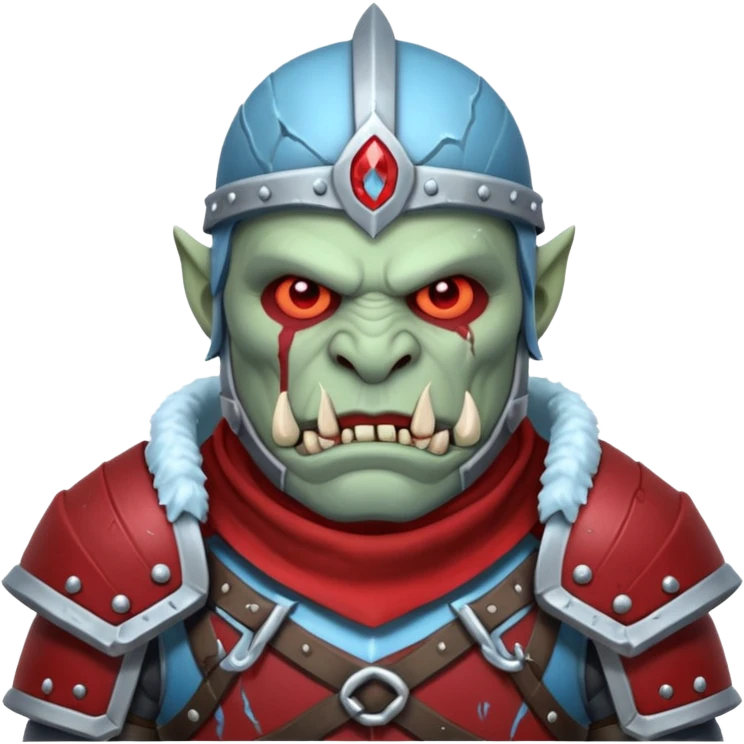 Fantasy Christmas orc legion soldier icon, iron tundra army theme, heavy winter armor, disciplined brutal look, cold steel armor cracked with frozen crimson lines, bloodfrost effect, icy blue and dark red color palette, minimal clean emoji style emoji