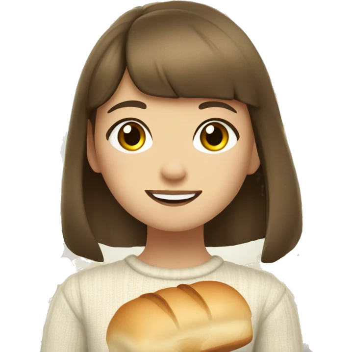 “A young girl with brown hair and short bangs, wearing a light sweater with yellow flowers. She’s holding a piece of bread and smiling softly.”  emoji