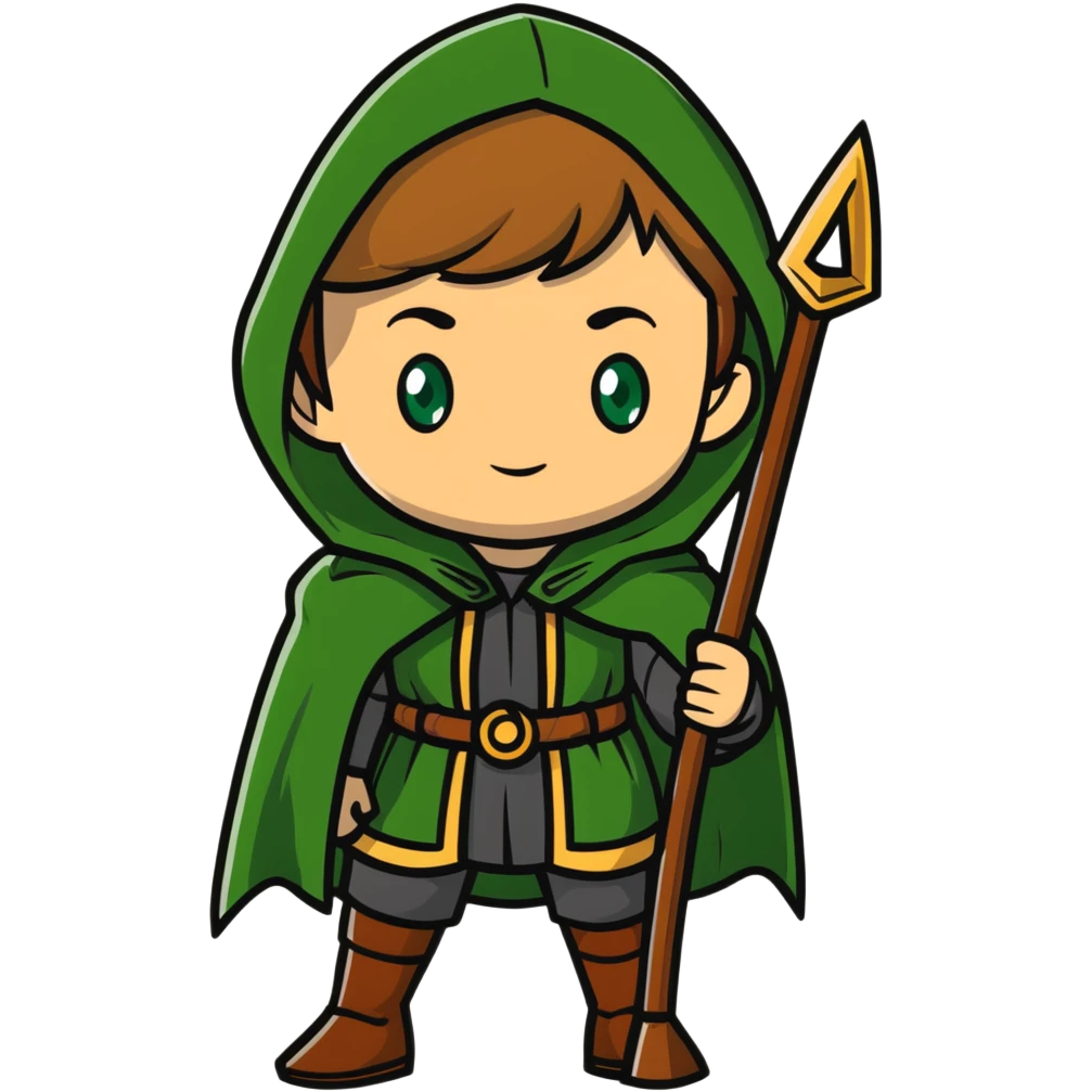 Rudeus Greyrat from Mushoku Tensei, green eyes, short light brown hair, wearing adventurer's outfit with a green cloak, holding a staff, confident and curious expression emoji