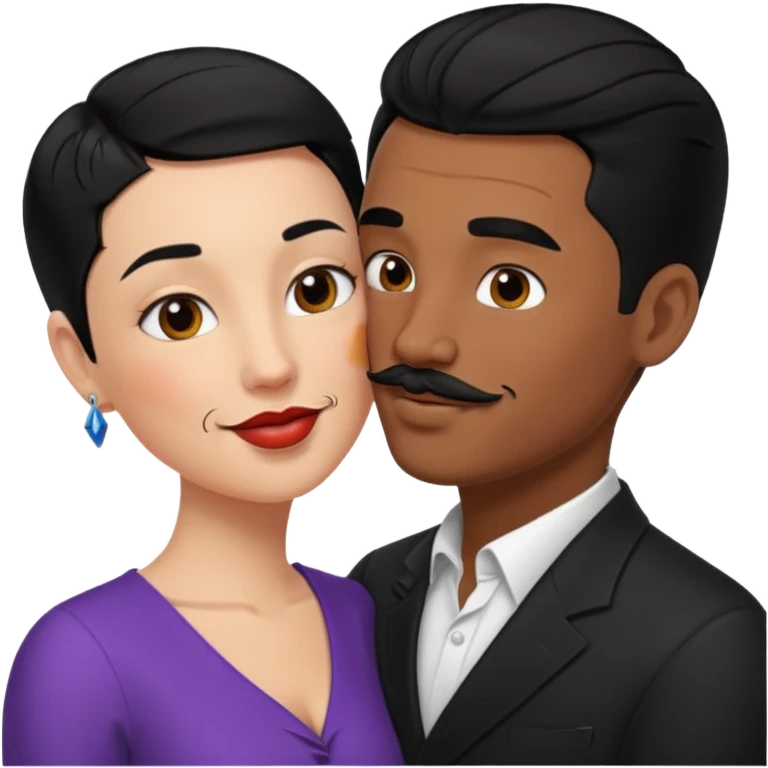 white man, black hair, slicked back, mustache kissing black woman with short black hair emoji emoji